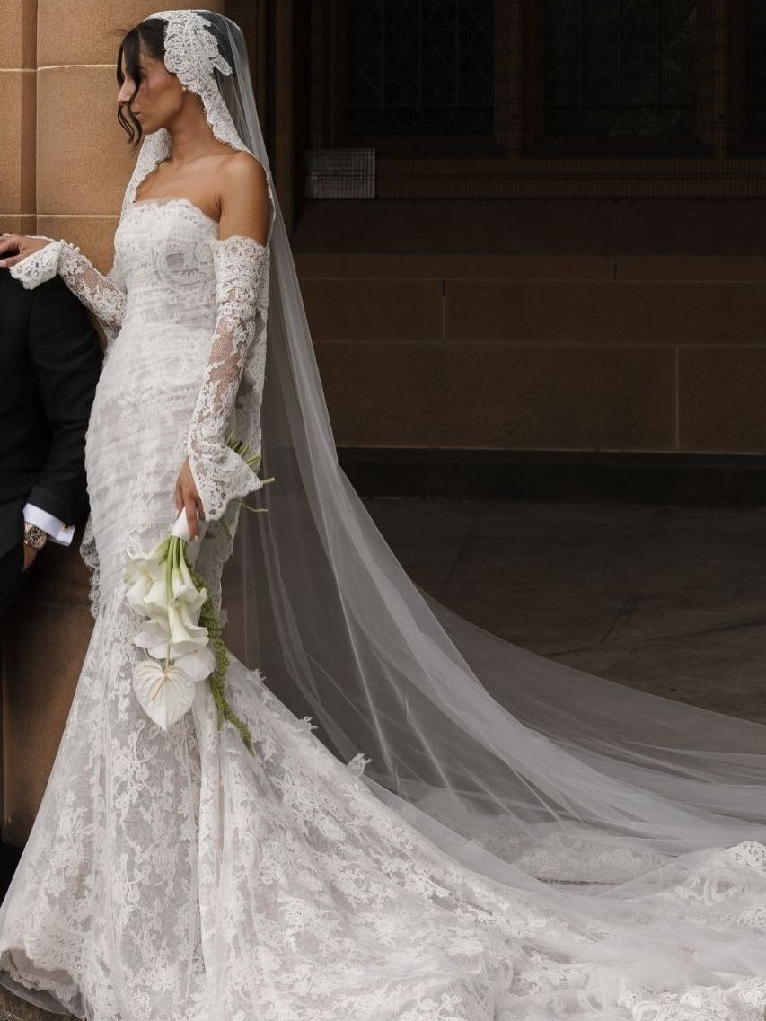 Strapless Lace Mermaid Wedding Dress with Sleeves