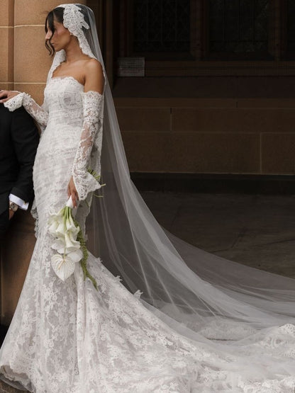 Strapless Lace Mermaid Wedding Dress with Sleeves