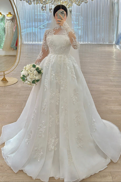 High Neck Lace Illusion Ball Gown Wedding Dress