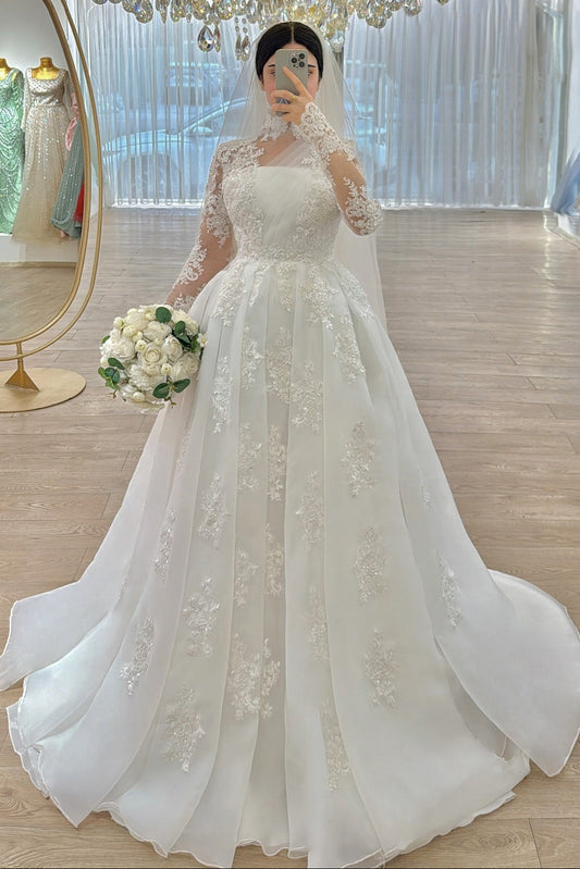 High Neck Lace Illusion Ball Gown Wedding Dress