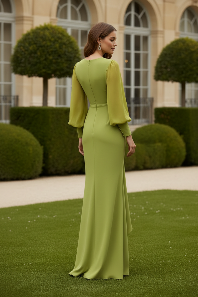 Long Sleeve V-Neck Crepe Evening Dress