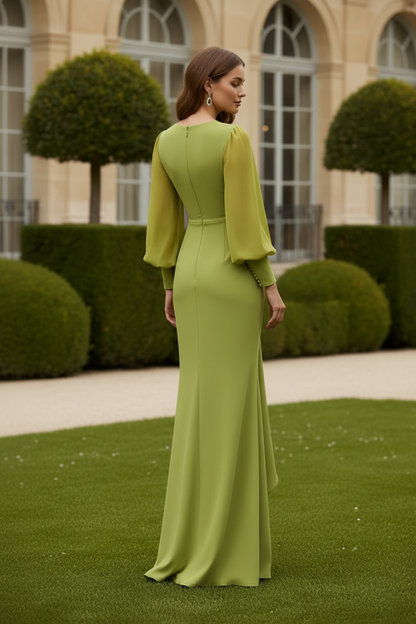 Long Sleeve V-Neck Crepe Evening Dress