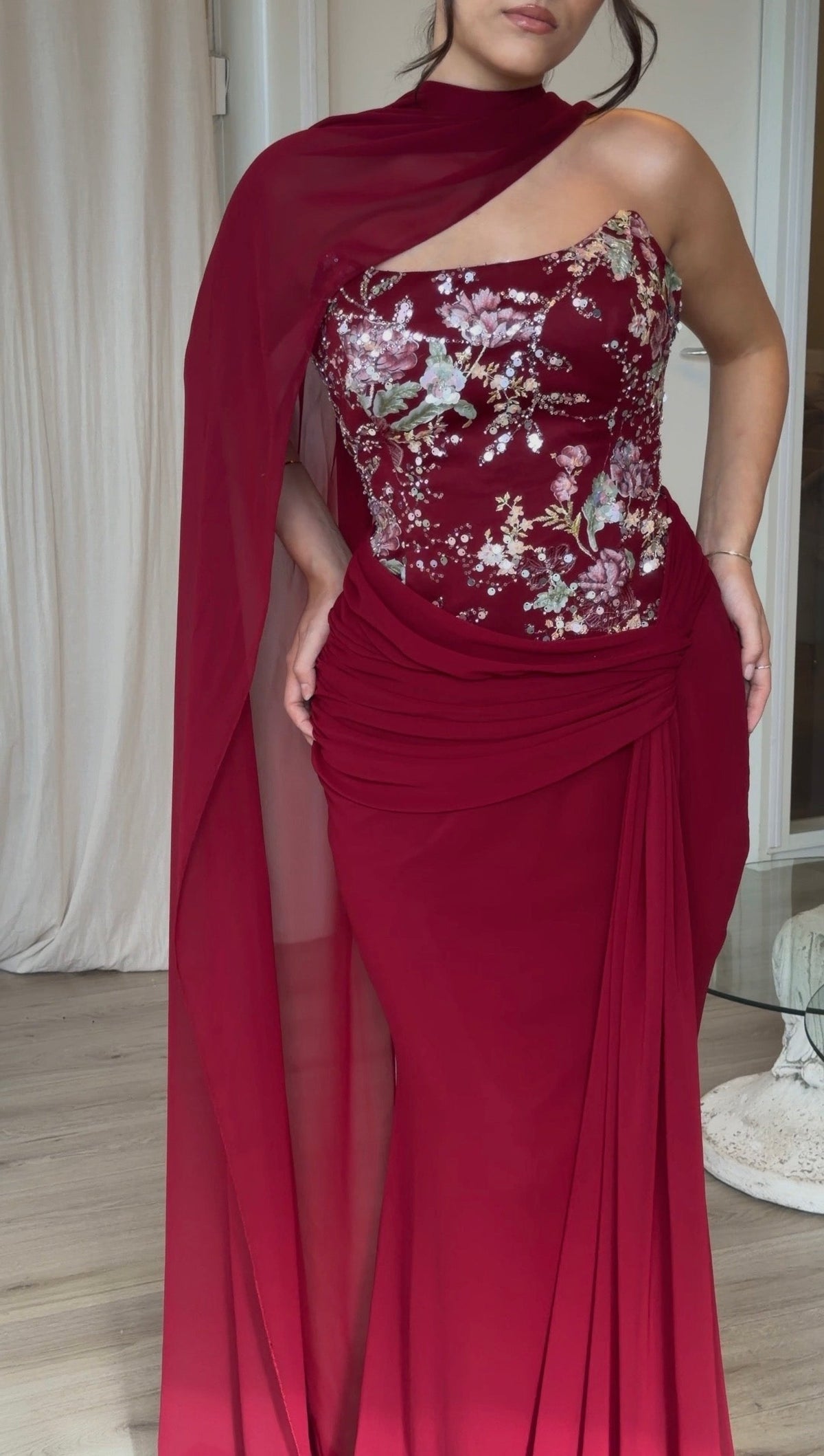 Embroidered Corset Gown with Scarf Cape