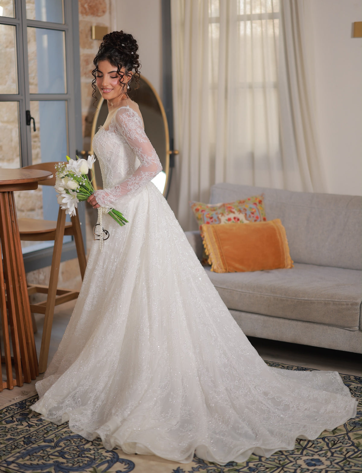 Glitter Lace Long Sleeve Corset Wedding Dress