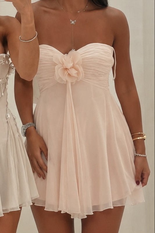 Strapless Chiffon Mini Dress with 3D Flower