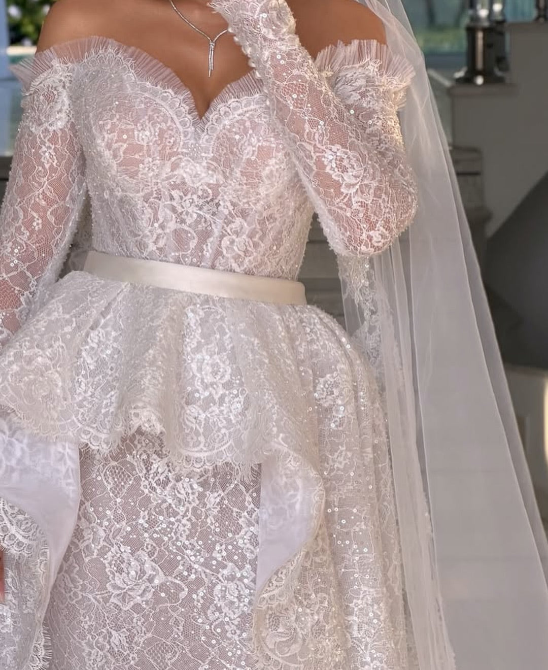 Off-Shoulder Lace Mermaid Wedding Dress with Overskirt