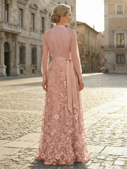 Elegant Pleated V-Neck Long Sleeve A-Line Gown