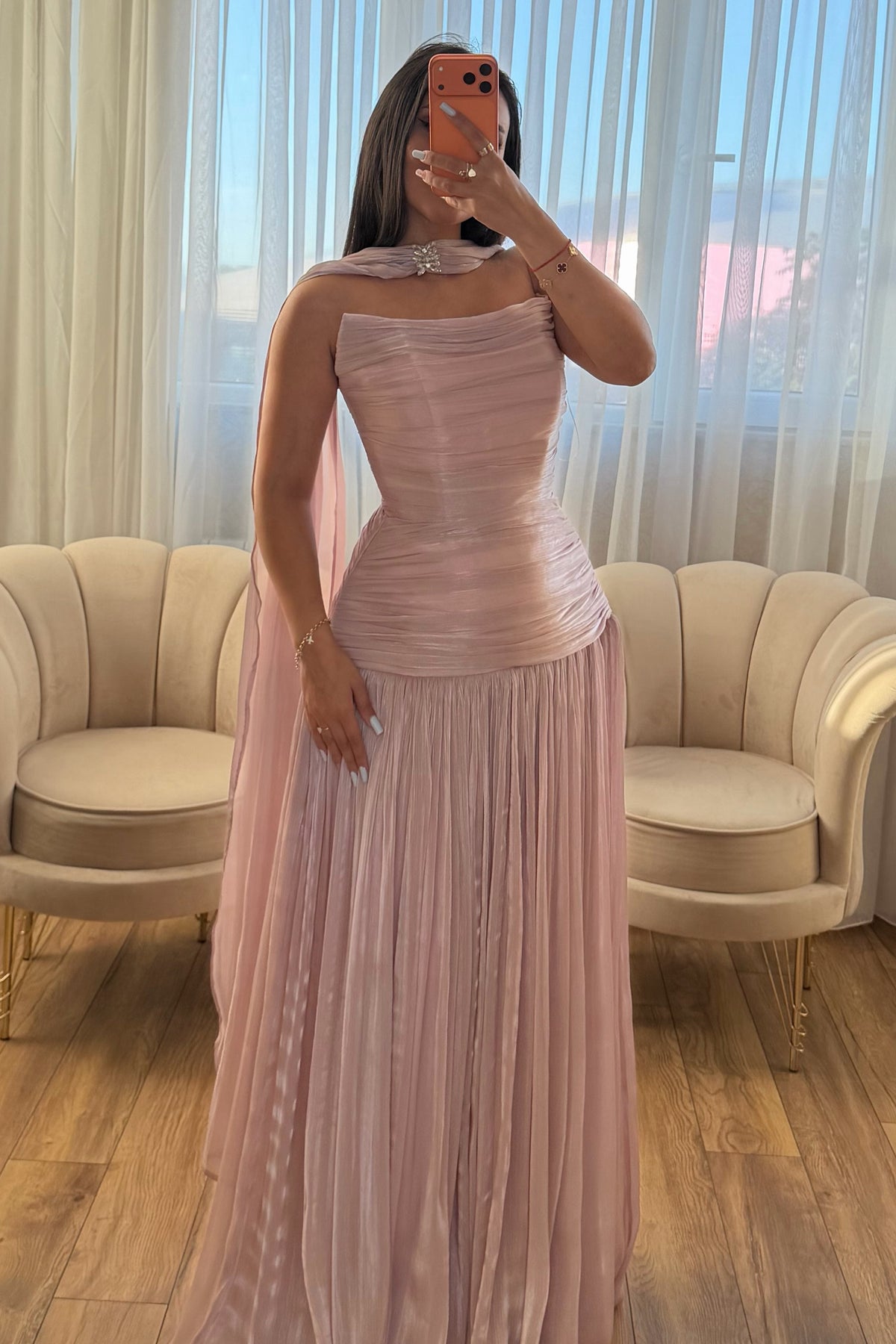 Strapless Ruched Gown with Choker Scarf