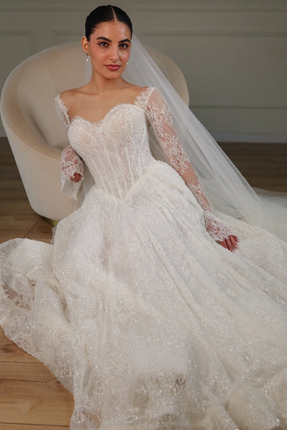 Lace Corset Ball Gown Wedding Dress with Sleeves