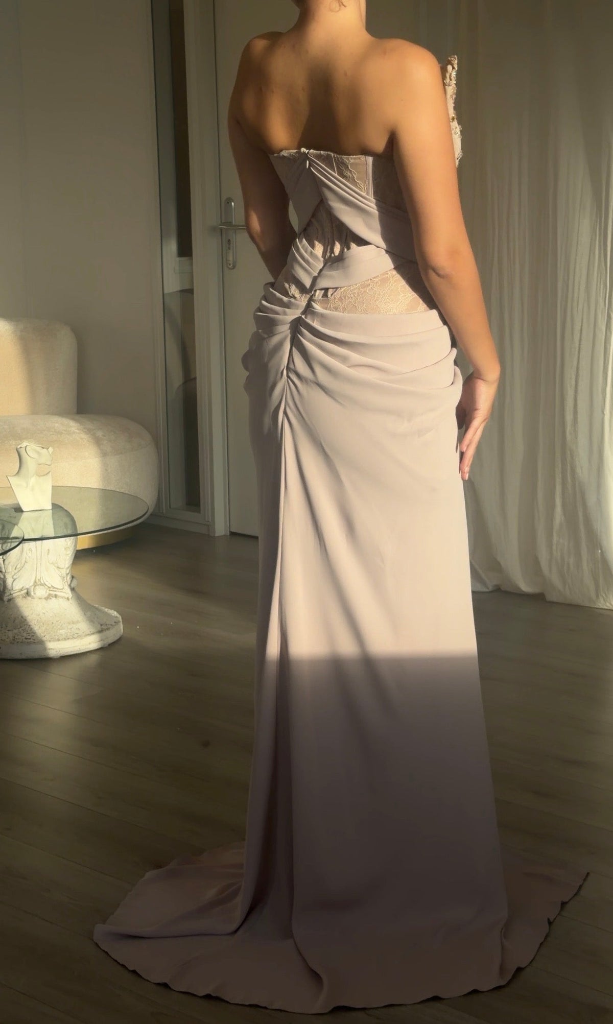 Strapless Beaded Corset Gown with Draped Slit Skirt