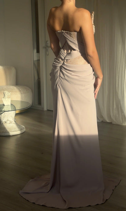 Strapless Beaded Corset Gown with Draped Slit Skirt