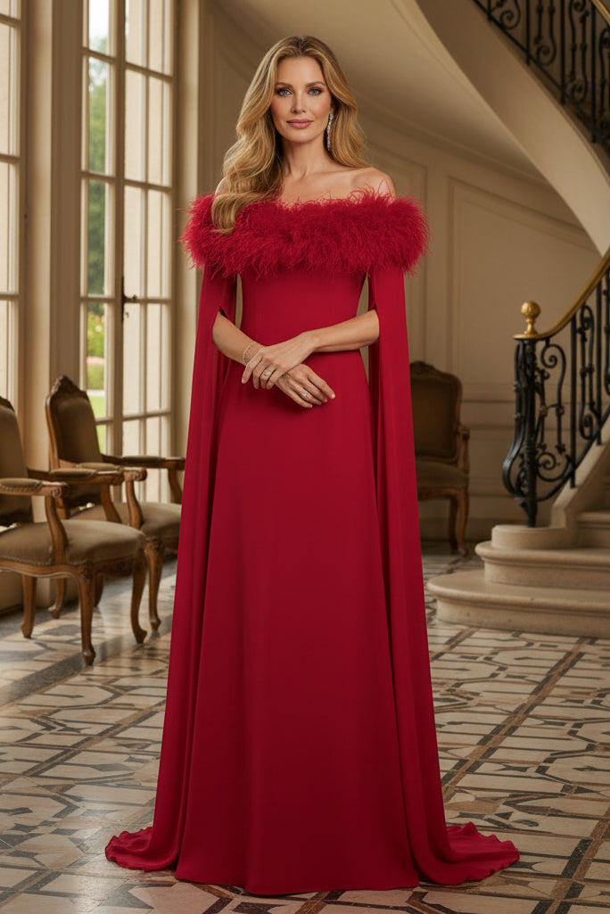 Off-the-Shoulder Feather Trim Gown with Cape Sleeves