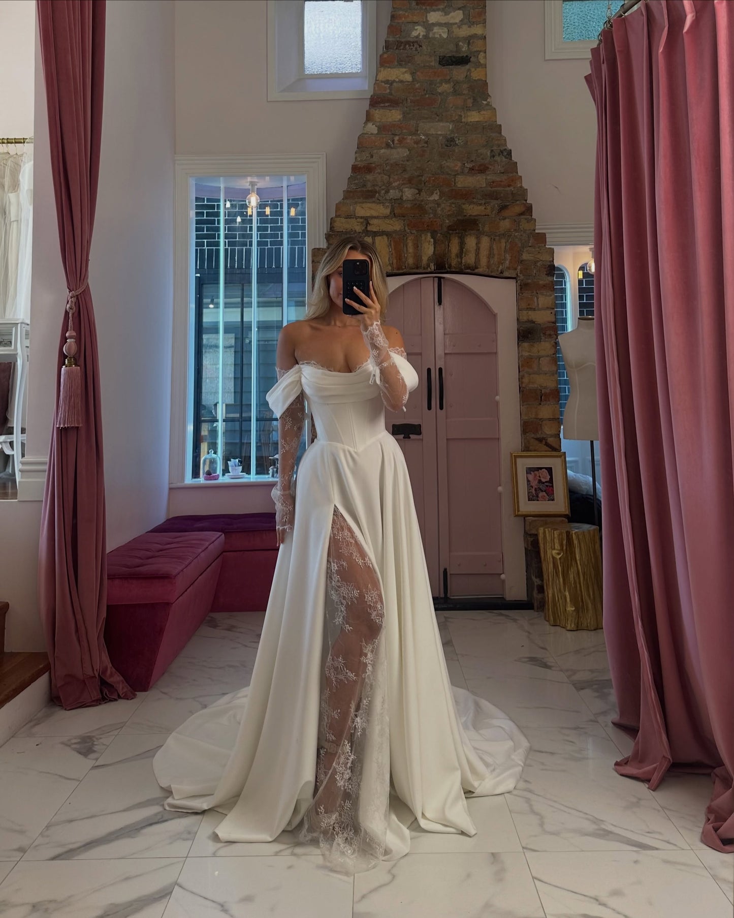 Off-Shoulder Corset Wedding Gown with Lace Slit