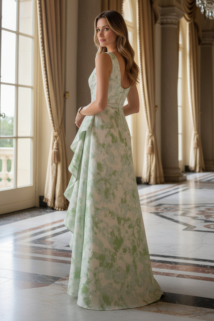 One-Shoulder Floral Jacquard Gown with Cascading Ruffle