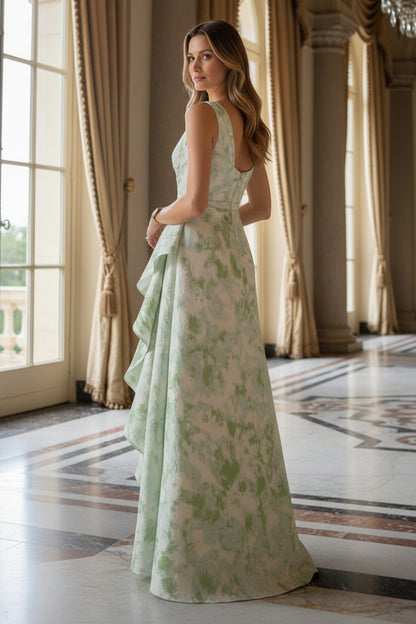 One-Shoulder Floral Jacquard Gown with Cascading Ruffle