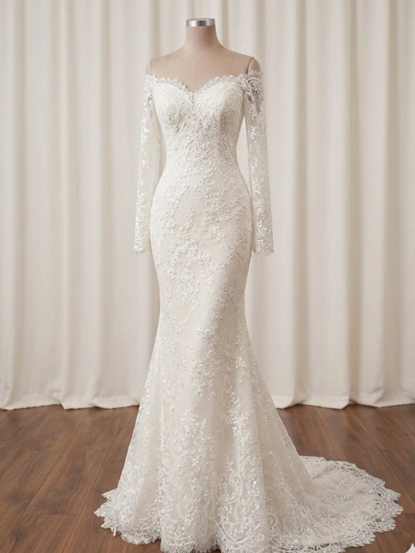 Off-the-Shoulder Lace Long Sleeve Mermaid Wedding Dress