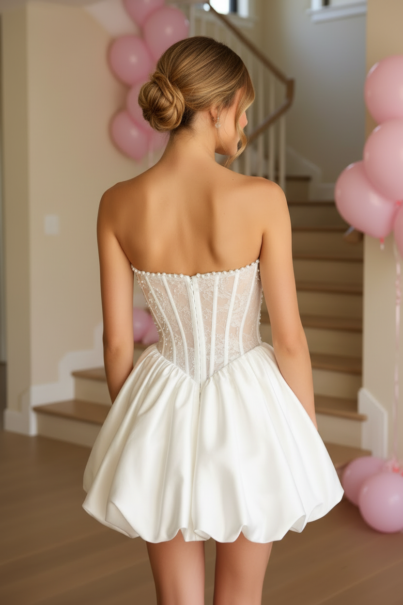 Strapless Pearl Corset Bubble Mini Dress