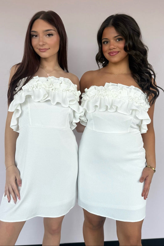 Strapless Ruffled Textured Mini Dress
