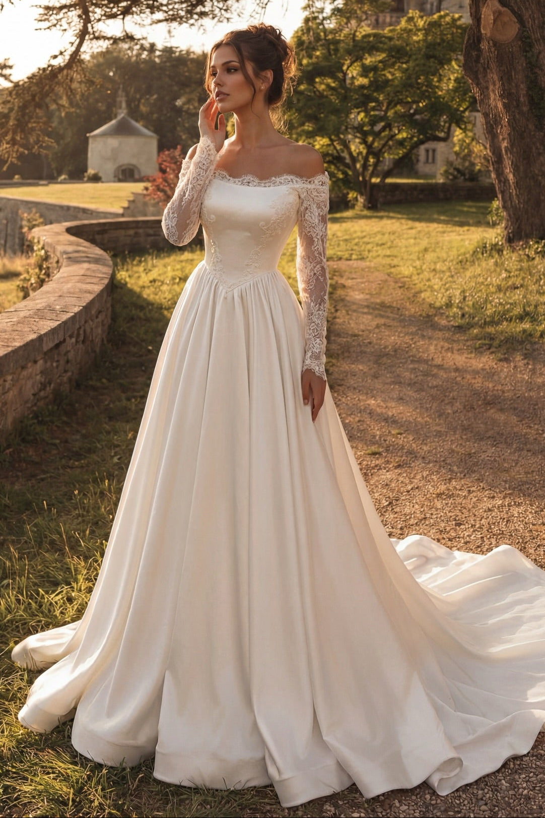 Off-Shoulder Lace Sleeve A-Line Wedding Dress