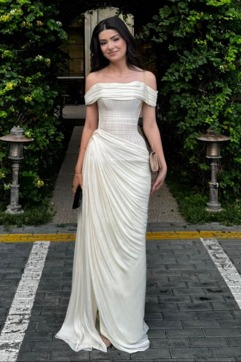 Off-the-Shoulder Corset Drape Evening Gown