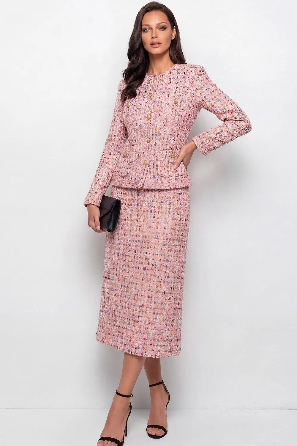 Tweed Jacket and Midi Skirt Set with Buttons