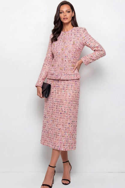 Tweed Jacket and Midi Skirt Set with Buttons