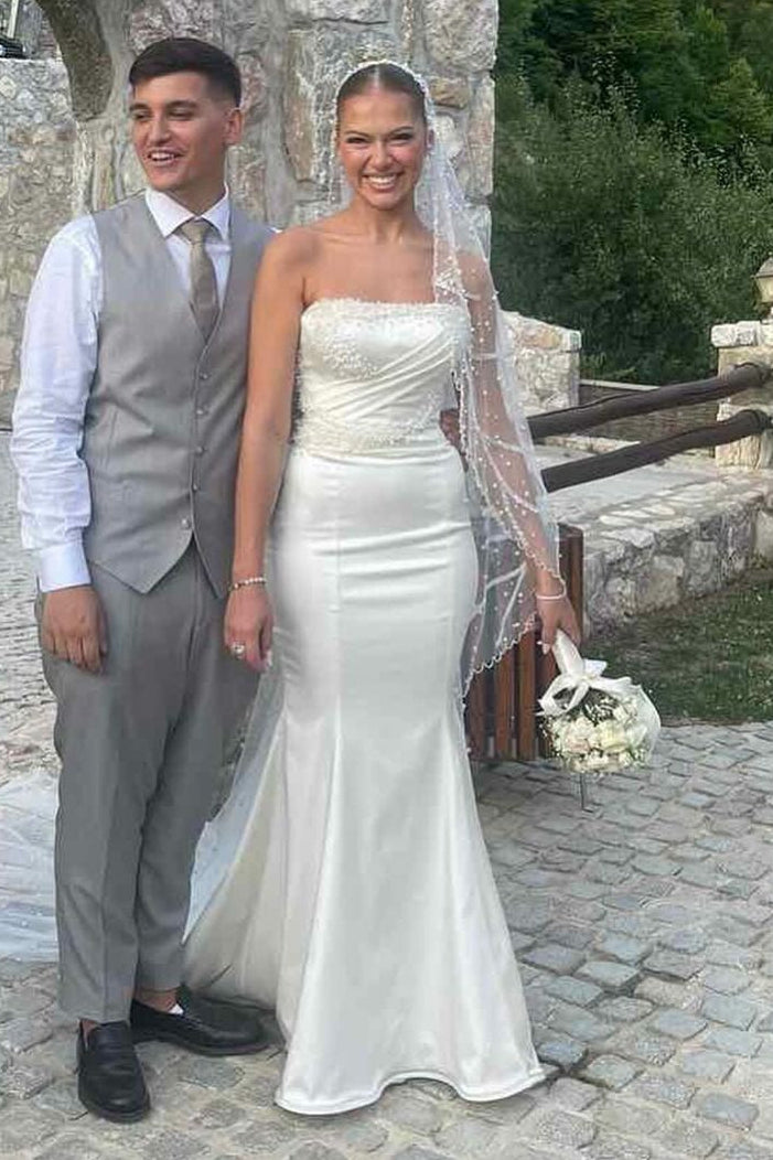 Beaded Strapless Satin Mermaid Wedding Dress