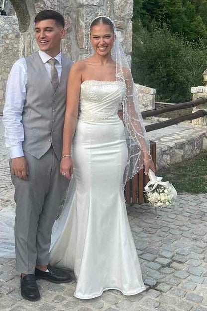 Beaded Strapless Satin Mermaid Wedding Dress