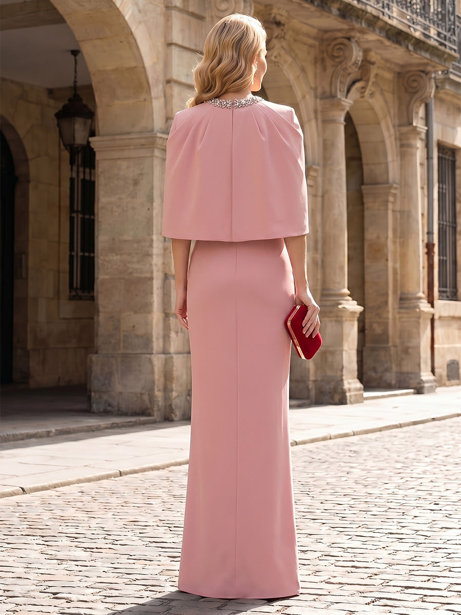 High-Neck Sheath Gown with Embellished Collar and Cape