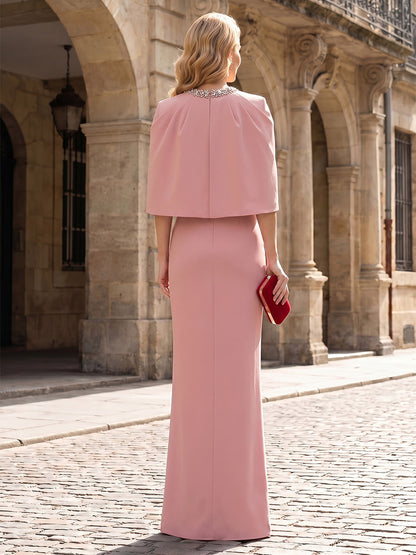 High-Neck Sheath Gown with Embellished Collar and Cape