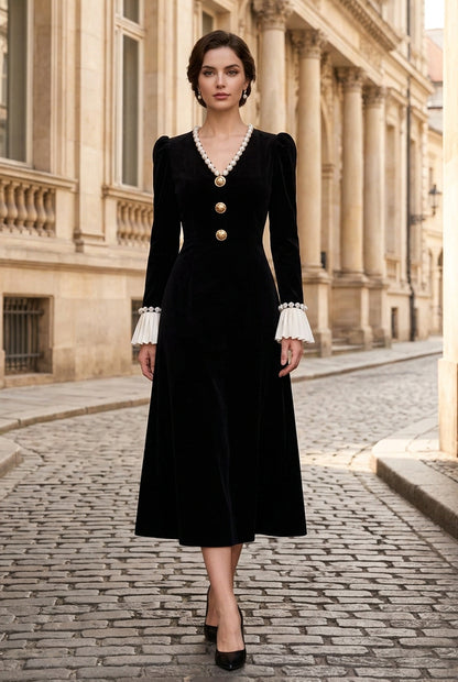 Velvet Midi Dress with Pearl Trim & Cuffs