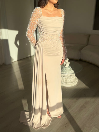 Square Neck Beaded Sleeve Gown with Side Drape