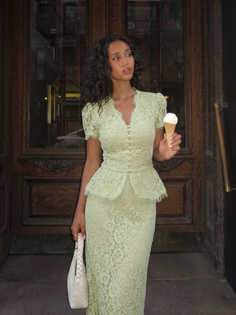 Lace Peplum Midi Dress with Puff Sleeves