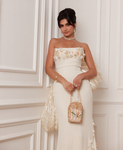 Strapless Floral Applique Gown with Statement Back