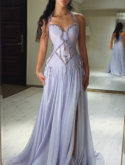 Pearl-Beaded Halter Pleated Corset Maxi Gown