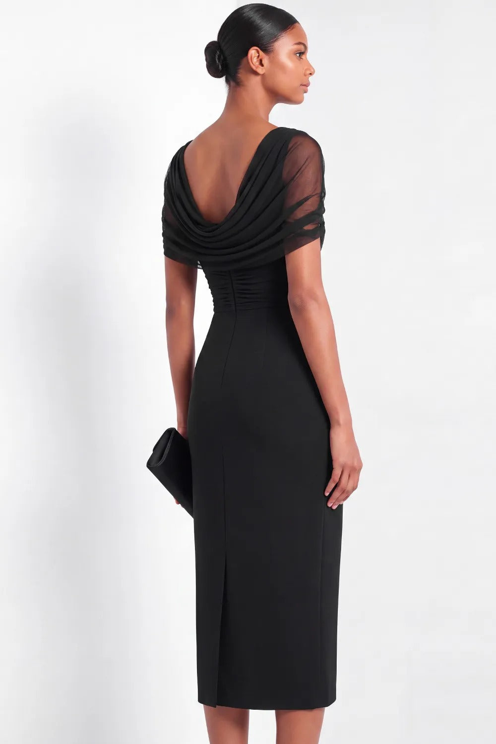 Cowl Back Sheer Sleeve Midi Sheath Dress