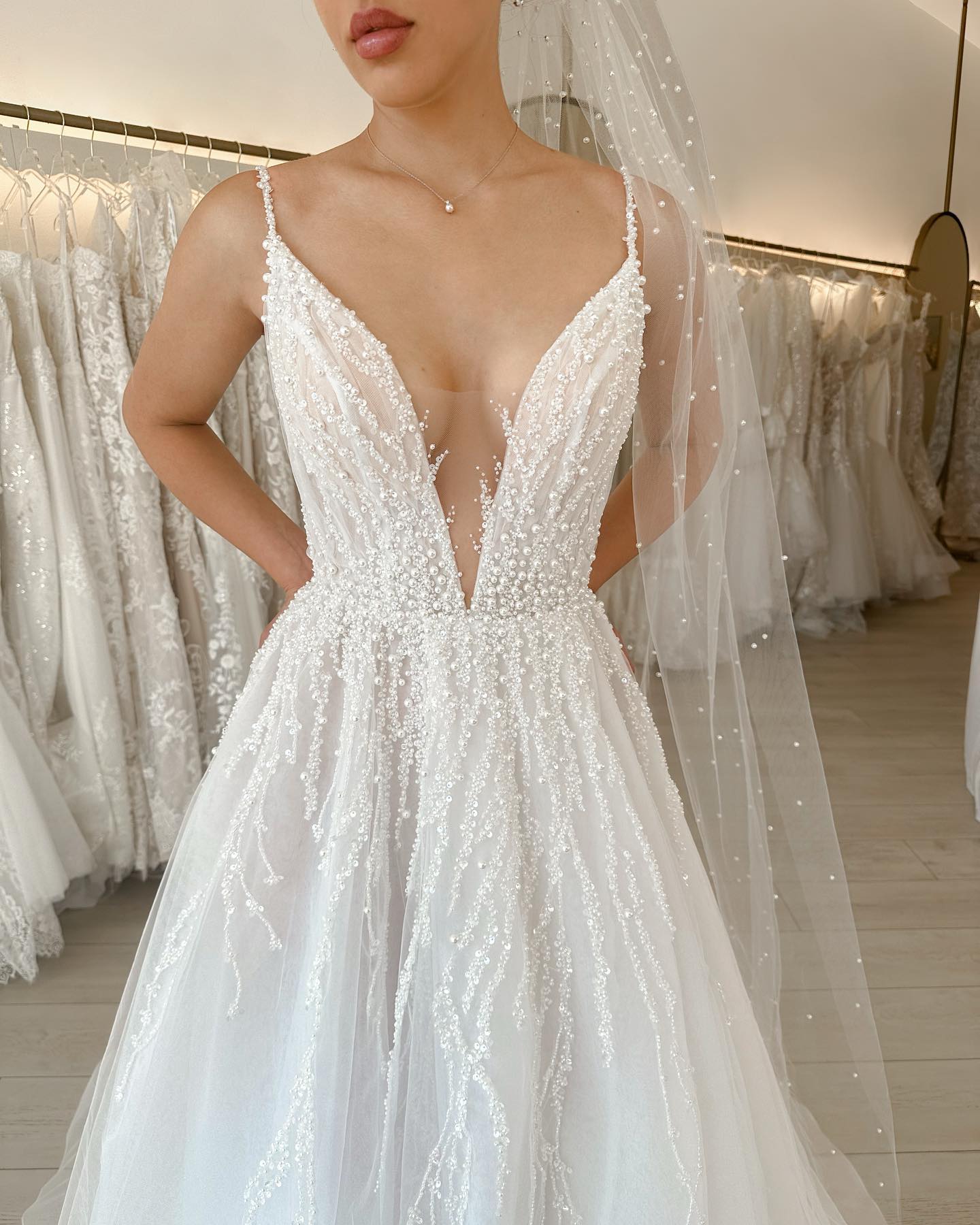 Pearl-Beaded A-Line Wedding Dress with High Slit
