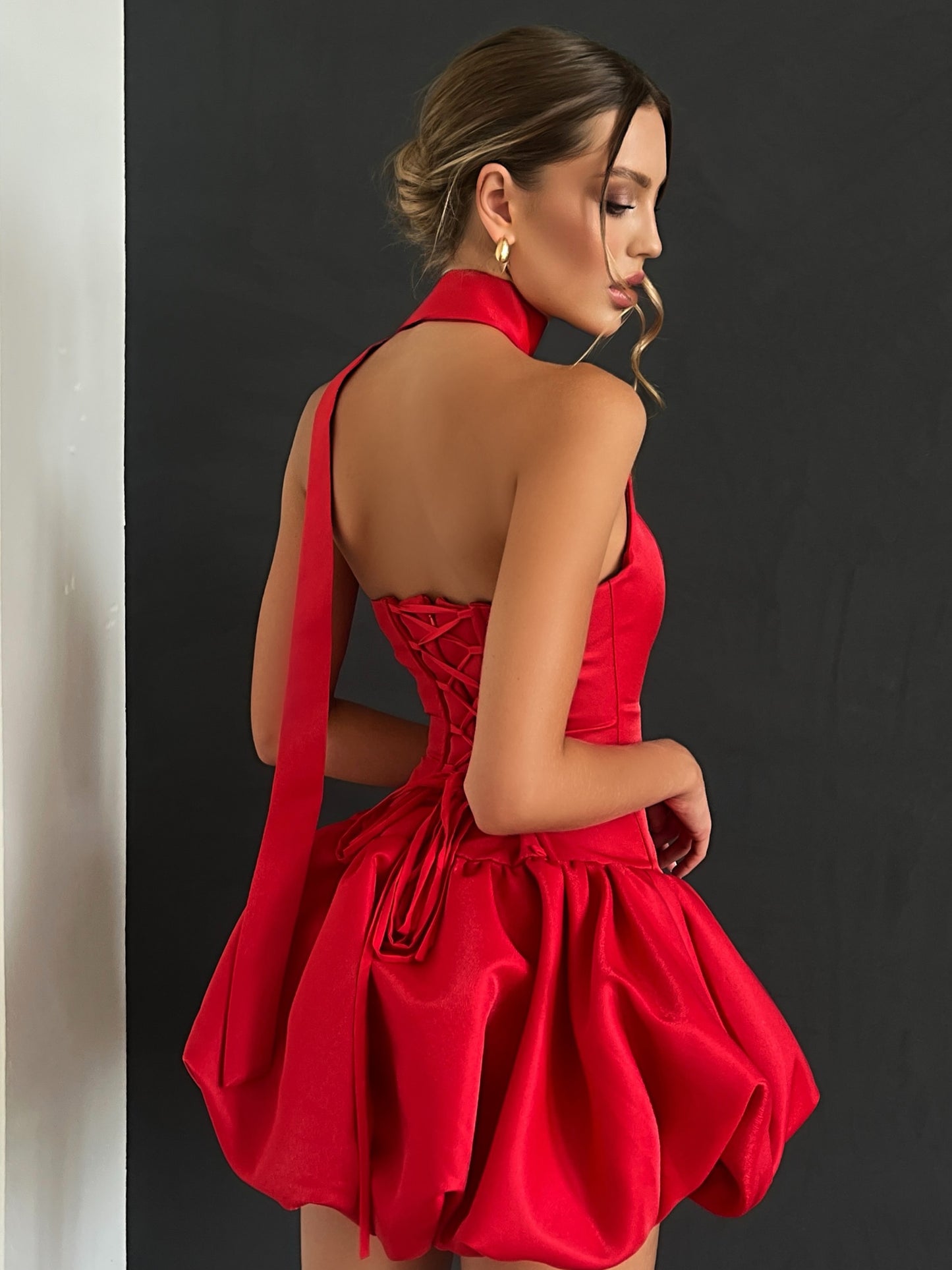 Satin Corset Bubble Mini Dress with Neck Tie