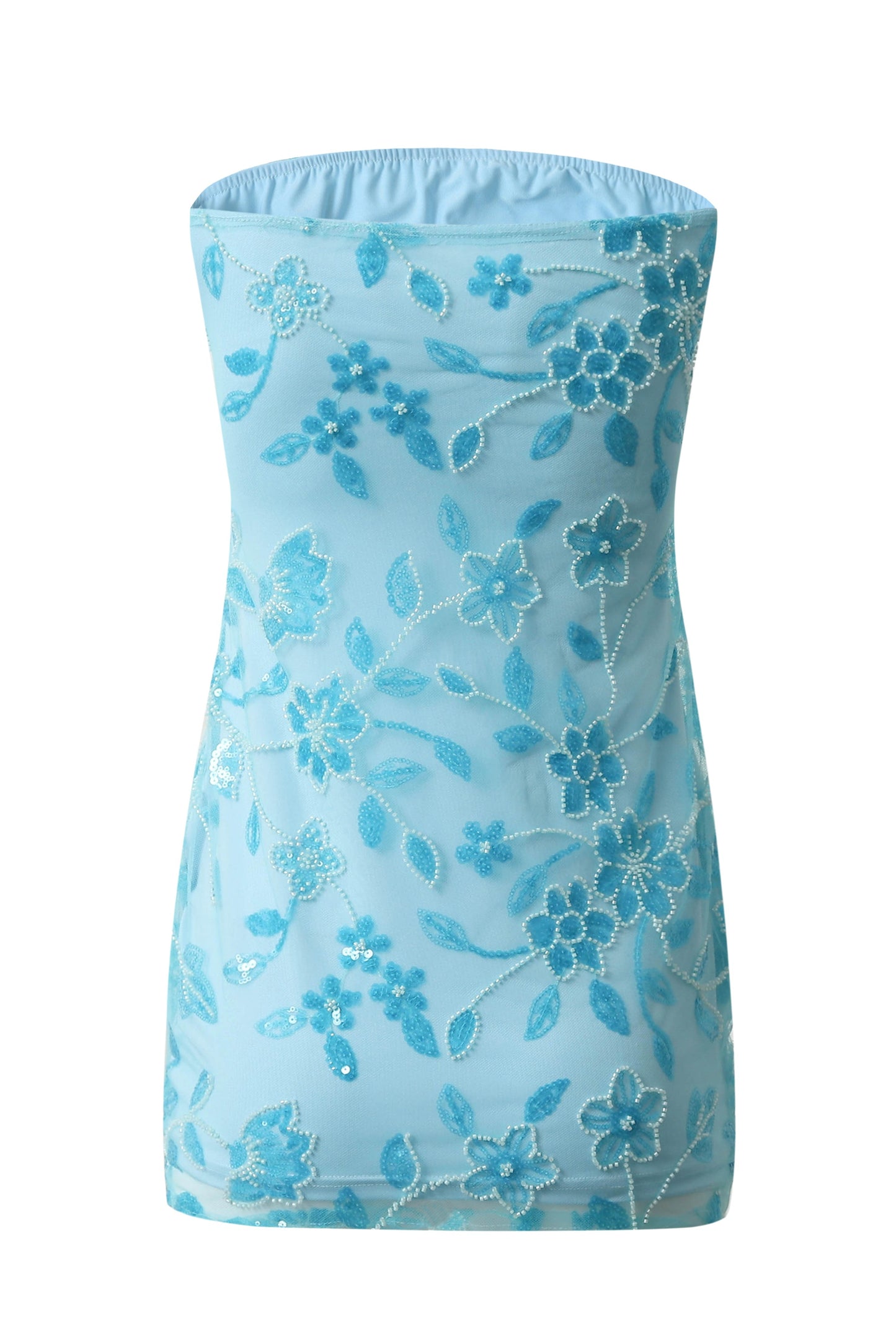 Strapless Floral Beaded Mesh Mini Dress