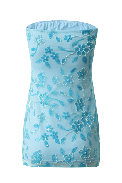 Strapless Floral Beaded Mesh Mini Dress