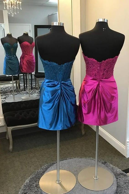 Strapless Ruched Satin Dress with Lace Corset Bodice
