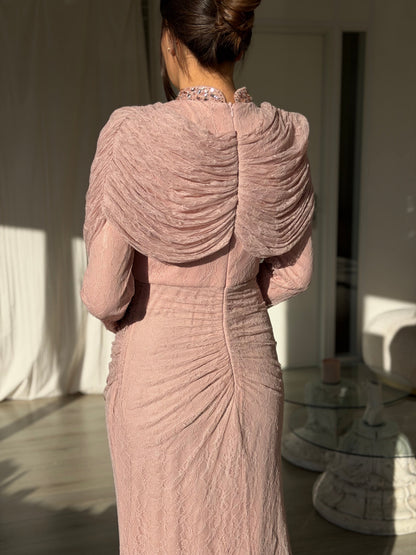 Ruched Lace Gown with Embellished High Neck