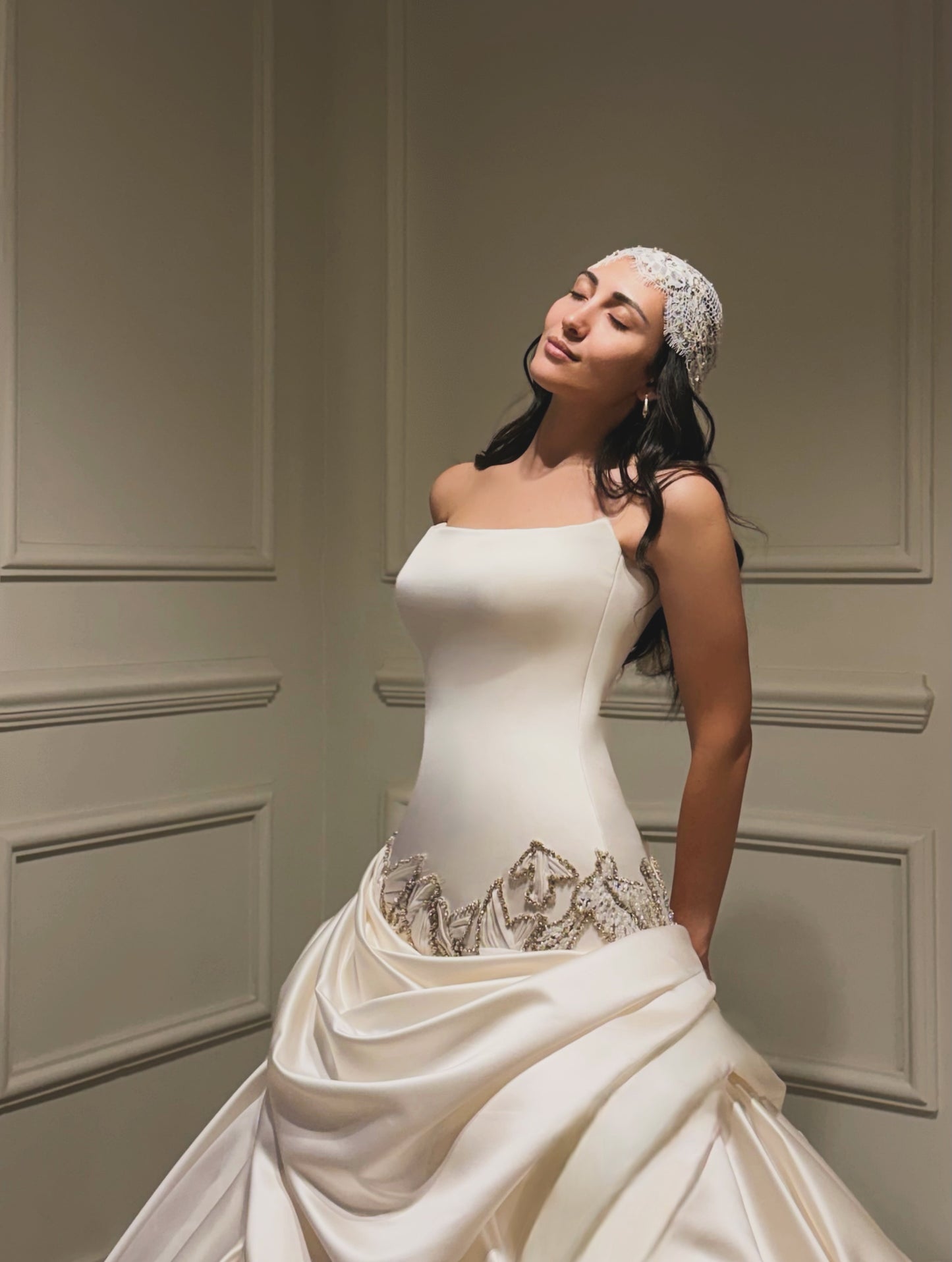 Strapless Satin Ball Gown Wedding Dress with Pick-Up Skirt