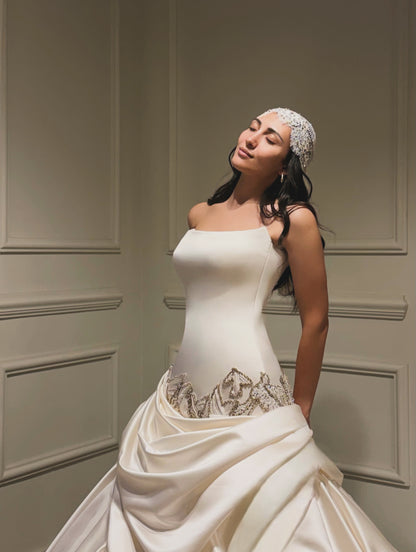 Strapless Satin Ball Gown Wedding Dress with Pick-Up Skirt
