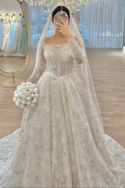 Long Sleeve Beaded Lace Corset Ball Gown Wedding Dress