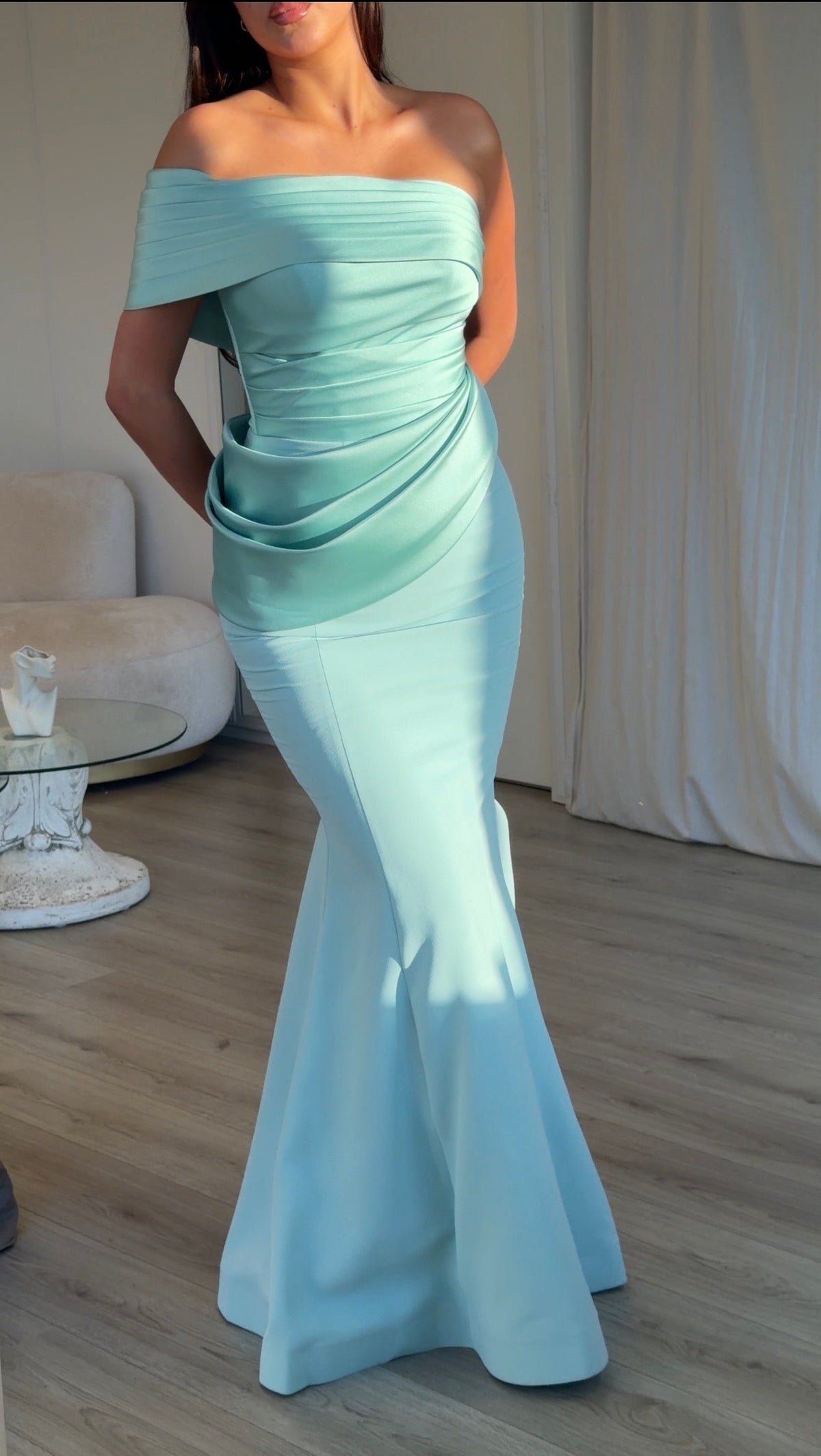 Pleated Off-Shoulder Draped Mermaid Gown