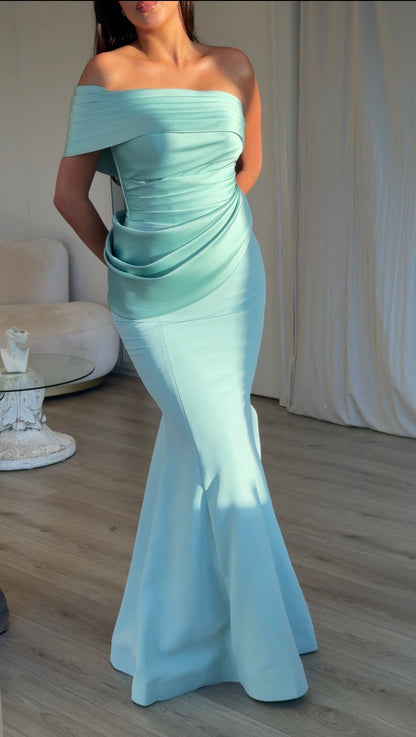 Pleated Off-Shoulder Draped Mermaid Gown