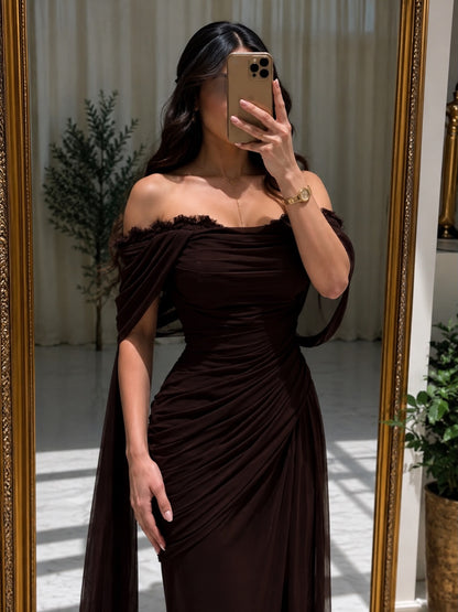 Off-the-Shoulder Ruched Gown with Draped Sleeves