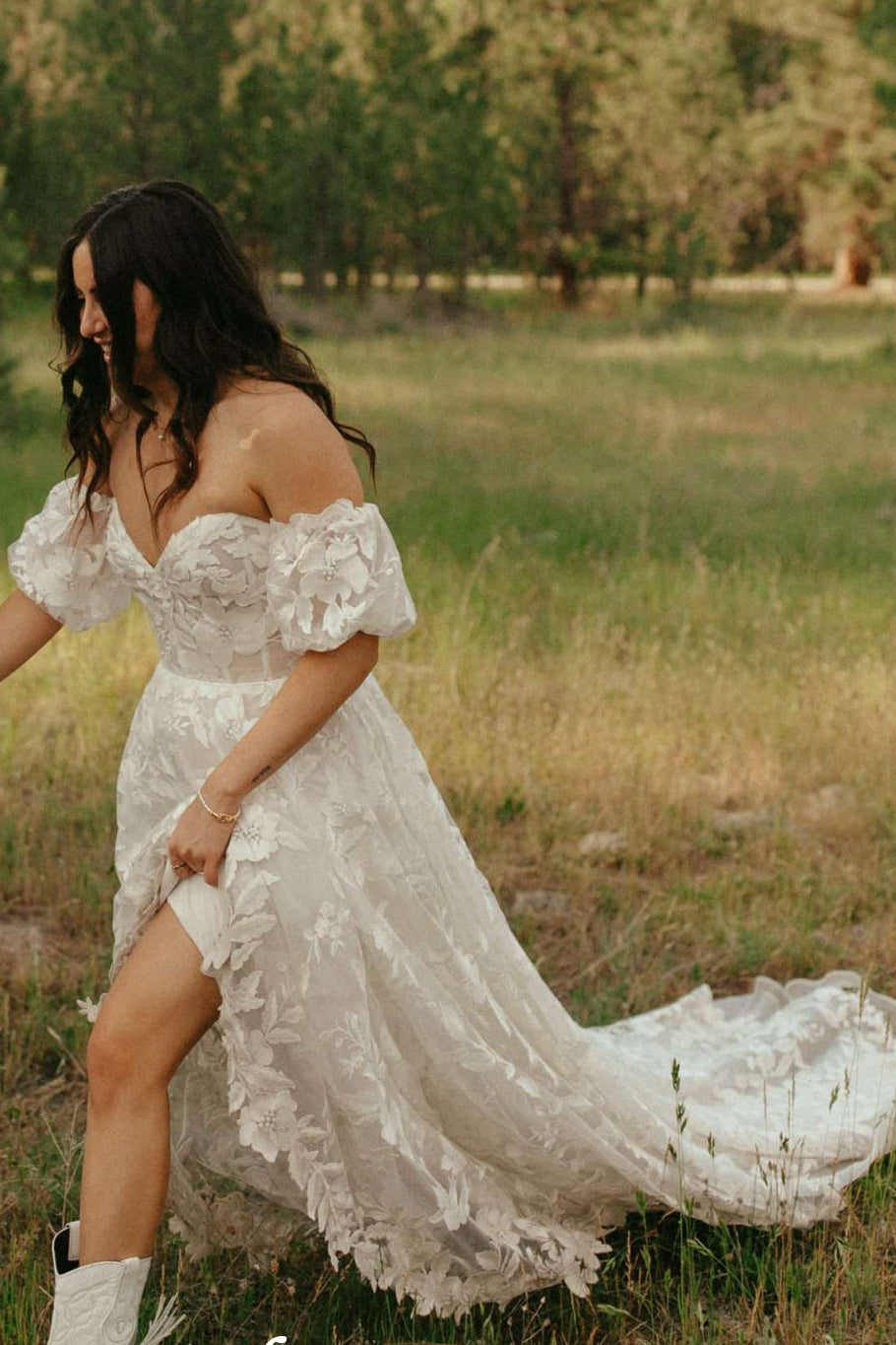 Off-the-Shoulder Lace A-Line Wedding Dress with Slit