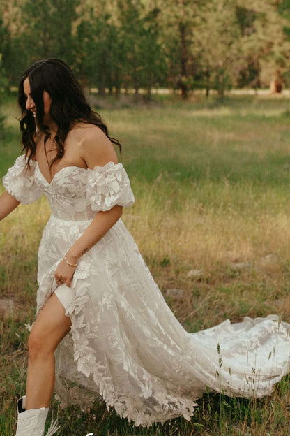 Off-the-Shoulder Lace A-Line Wedding Dress with Slit